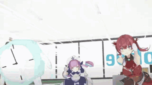 a group of anime girls are standing next to each other in a room with a clock in the background .