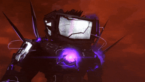 a robot with a purple light coming out of it 's face