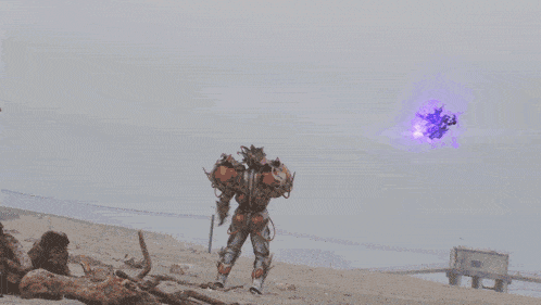 a purple lightning bolt strikes a person in a fire