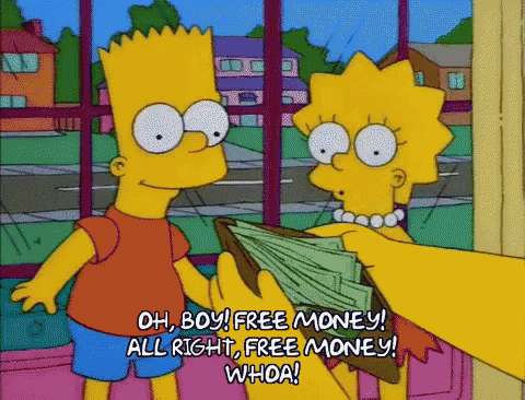 bart simpson is giving a wallet full of money to a woman who says oh boy free money all right free money whoa