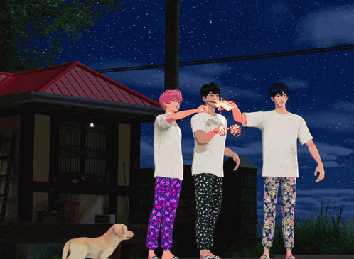a cartoon drawing of three people standing in front of a house with a dog