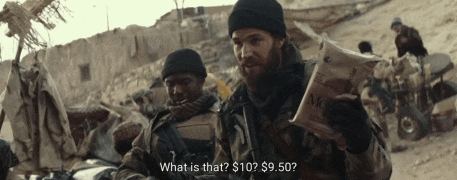 a man in a military uniform is holding a bag of food and asking what is that ? $ 10 ? $ 9.50 ?