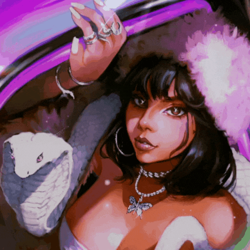 a painting of a woman holding a snake and wearing a butterfly necklace