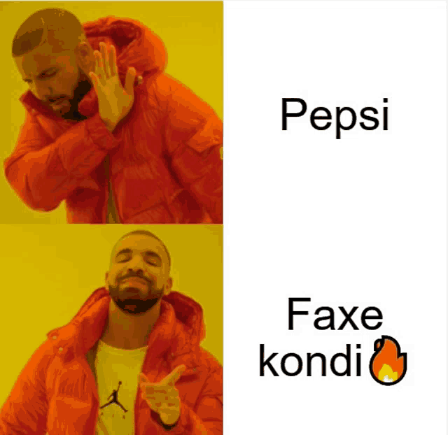 a man in an orange jacket is next to a picture of pepsi and fake kondi