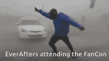 a man in a blue jacket is dancing in front of a car with the words everafters attending the fancon below him