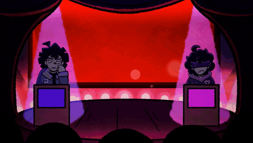 two cartoon characters are sitting at a table in front of a stage .