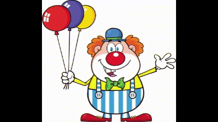 a cartoon clown is holding a bunch of balloons and waving