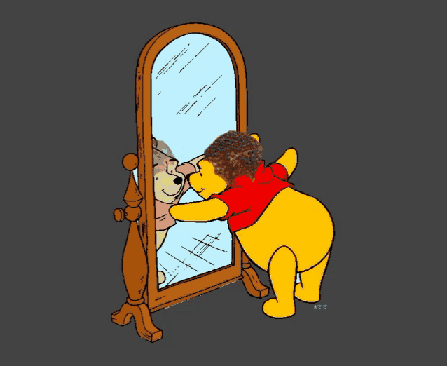 winnie the pooh is looking at himself in a mirror