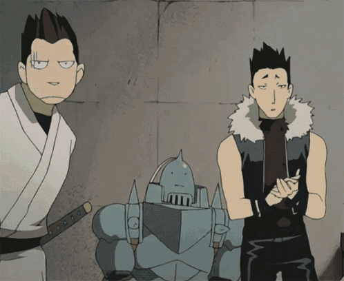a group of cartoon characters are standing next to each other and one of them has a sword in his hand