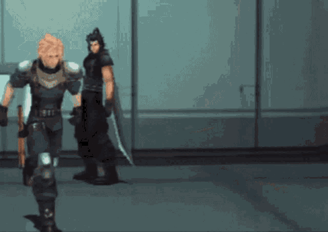 a video game character with a sword standing next to another character with a shield