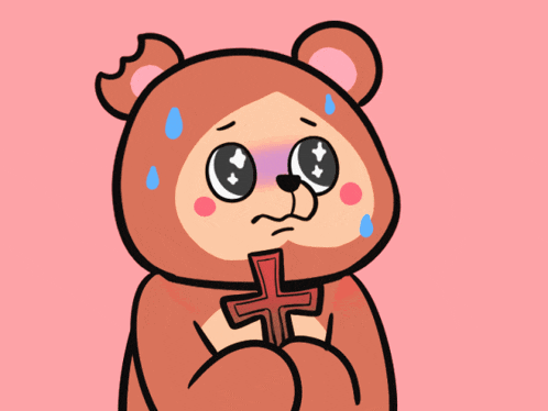 a cartoon teddy bear is holding a cross in his hand
