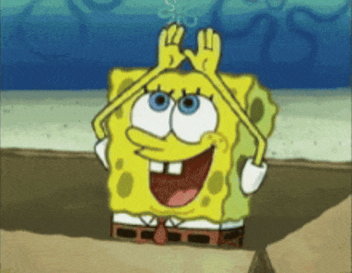a cartoon of spongebob making a peace sign with his hands .