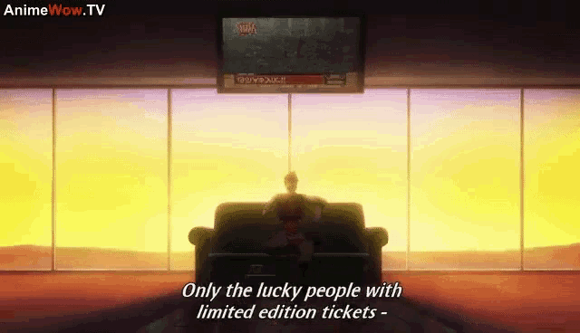a man is sitting on a couch in front of a large window with the words only the lucky people with limited edition tickets