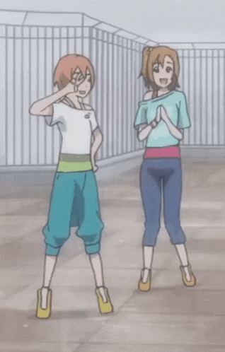 two anime girls are standing next to each other and one is making a funny face