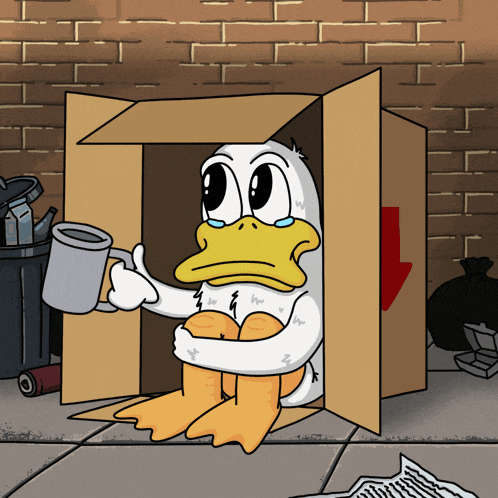 a cartoon of a duck sitting in a cardboard box holding a cup
