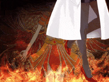 a woman in a white dress and red heels is standing in front of a fire