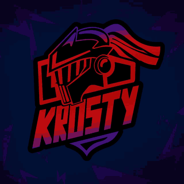 a red and purple logo for krosty with a knight 's helmet