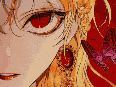 a close up of a girl 's face with red eyes