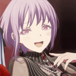 a girl with purple hair is wearing a black and white striped top