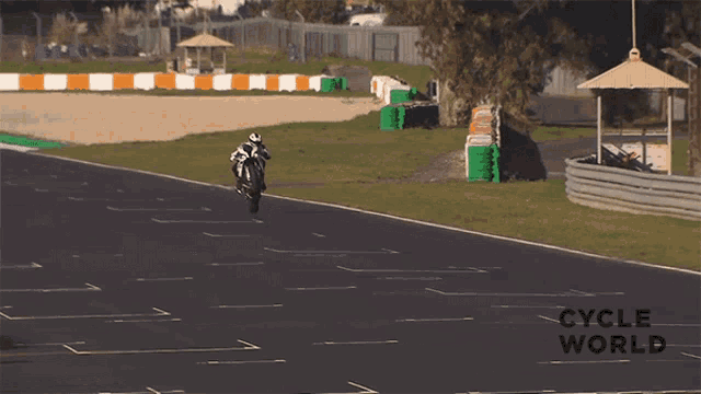 a person riding a motorcycle on a track with cycle world written on the bottom right