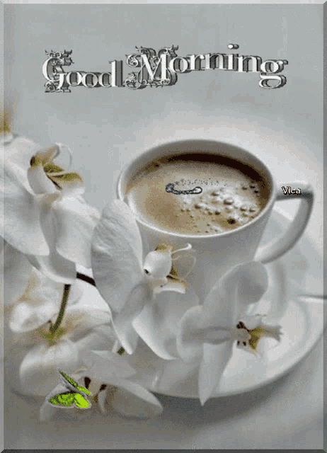 a cup of coffee sits on a saucer with flowers and the words good morning