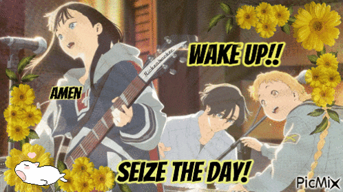 a picture of a girl playing a guitar with the words wake up seize the day