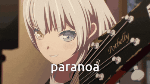 a girl holding a potbelly guitar with paranoa written on it