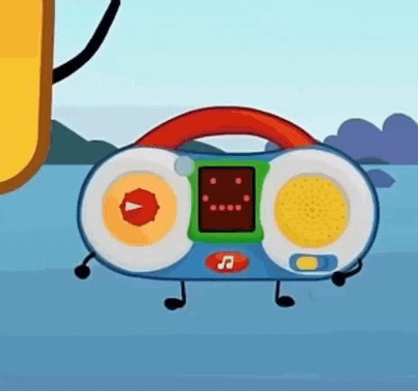 a cartoon radio with arms and legs is standing next to a yellow object .