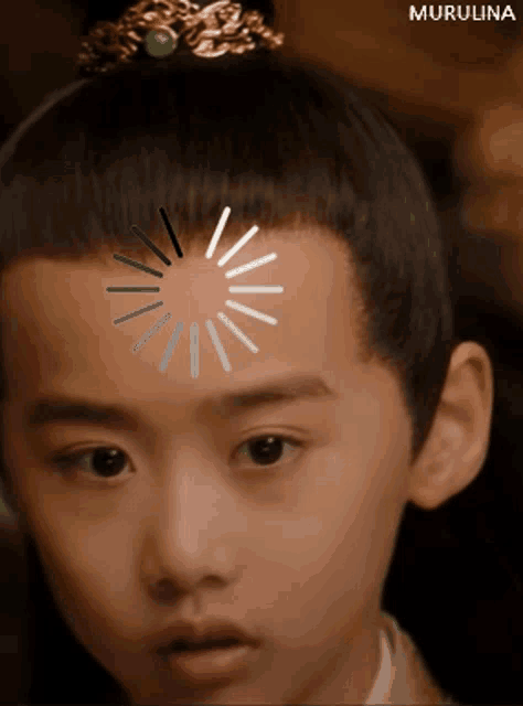 a close up of a child 's face with a loading circle on his forehead