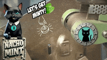 an advertisement for nacho mint shows a black cat and a machine