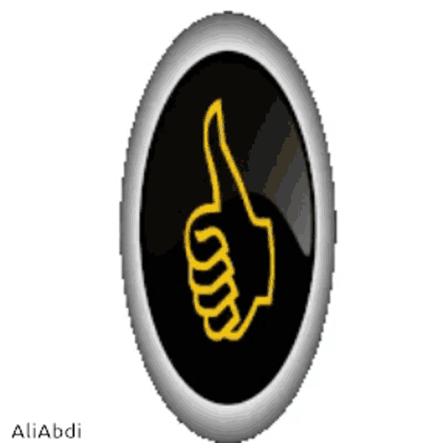 a black button with a yellow thumbs up sign inside of it