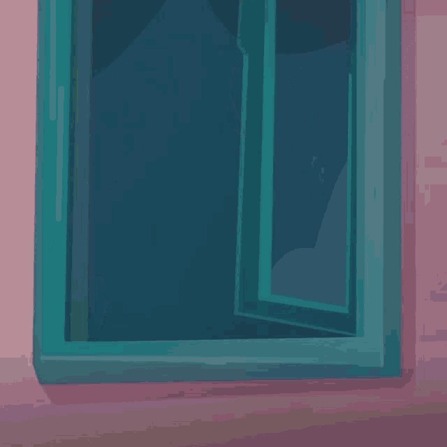 a green cartoon character wearing a hat is looking out a window