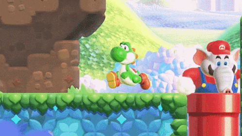 a video game scene with a yoshi and a mario