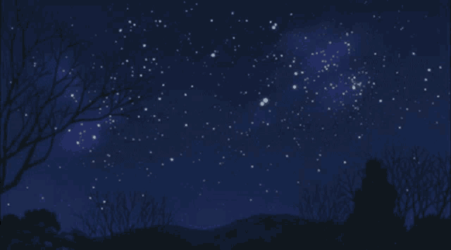 a starry night sky with trees in the foreground and mountains in the background