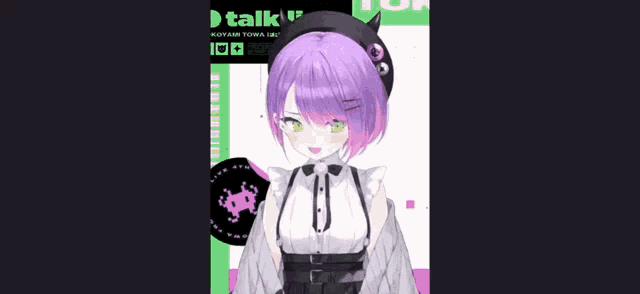 a girl with purple hair and green eyes is wearing a black hat and a white shirt .