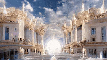 a picture of a city in heaven with a light coming out of the center
