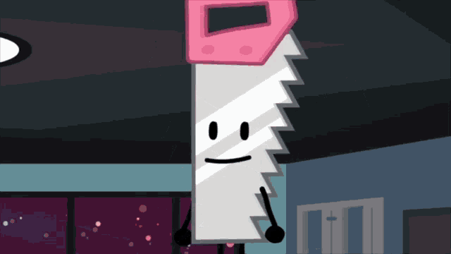 a cartoon drawing of a saw with a smiling face