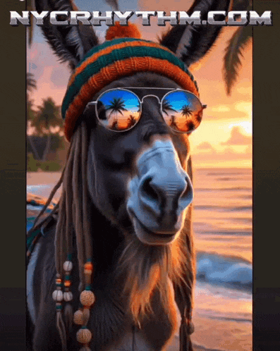 a donkey wearing sunglasses and a rasta hat with nycrhythm.com written on the bottom