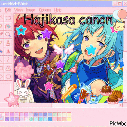a computer screen with a picture of two anime characters and the words hajikasa canon