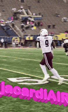 a football player wearing the number 9 jersey is running on the field