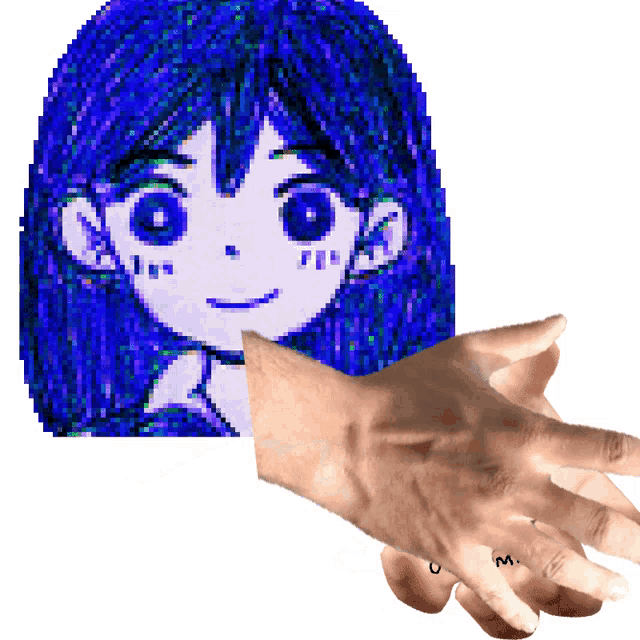 a hand is reaching out towards a pixelated image of a girl 's face
