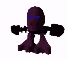 a purple robot with wings and blue eyes is standing on a white background .