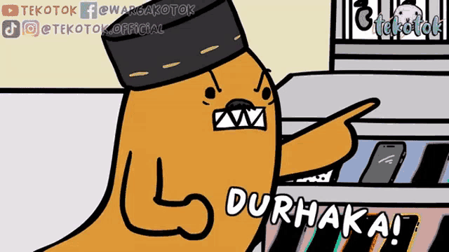 a cartoon character says durhaka in front of a shelf of phones