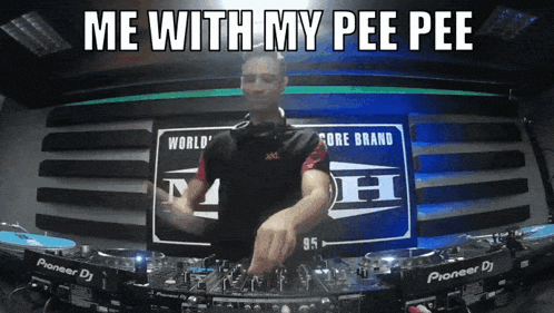 a pioneer dj is playing music in front of a sign that says world 's core brand