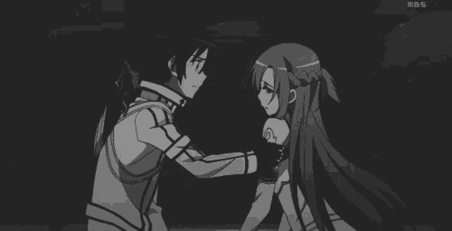 a man and a woman are looking at each other in a black and white anime