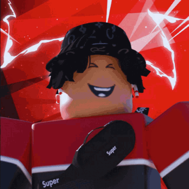 a cartoon character is wearing a black bandana and a black bag that says super