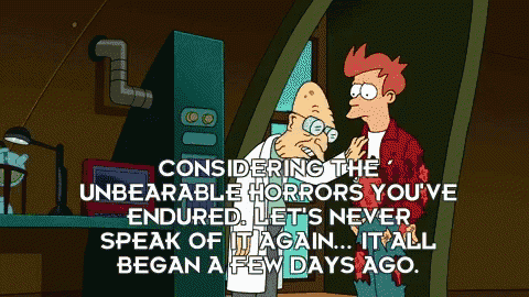 a cartoon of two men talking with the words " considering the unbearable horrors you 've endured