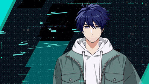 a man with blue hair and a white hoodie
