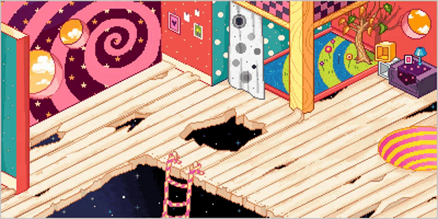 a pixel art of a room with a hole in the floor and a ladder