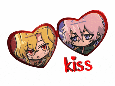 a couple of hearts with the word kiss on it